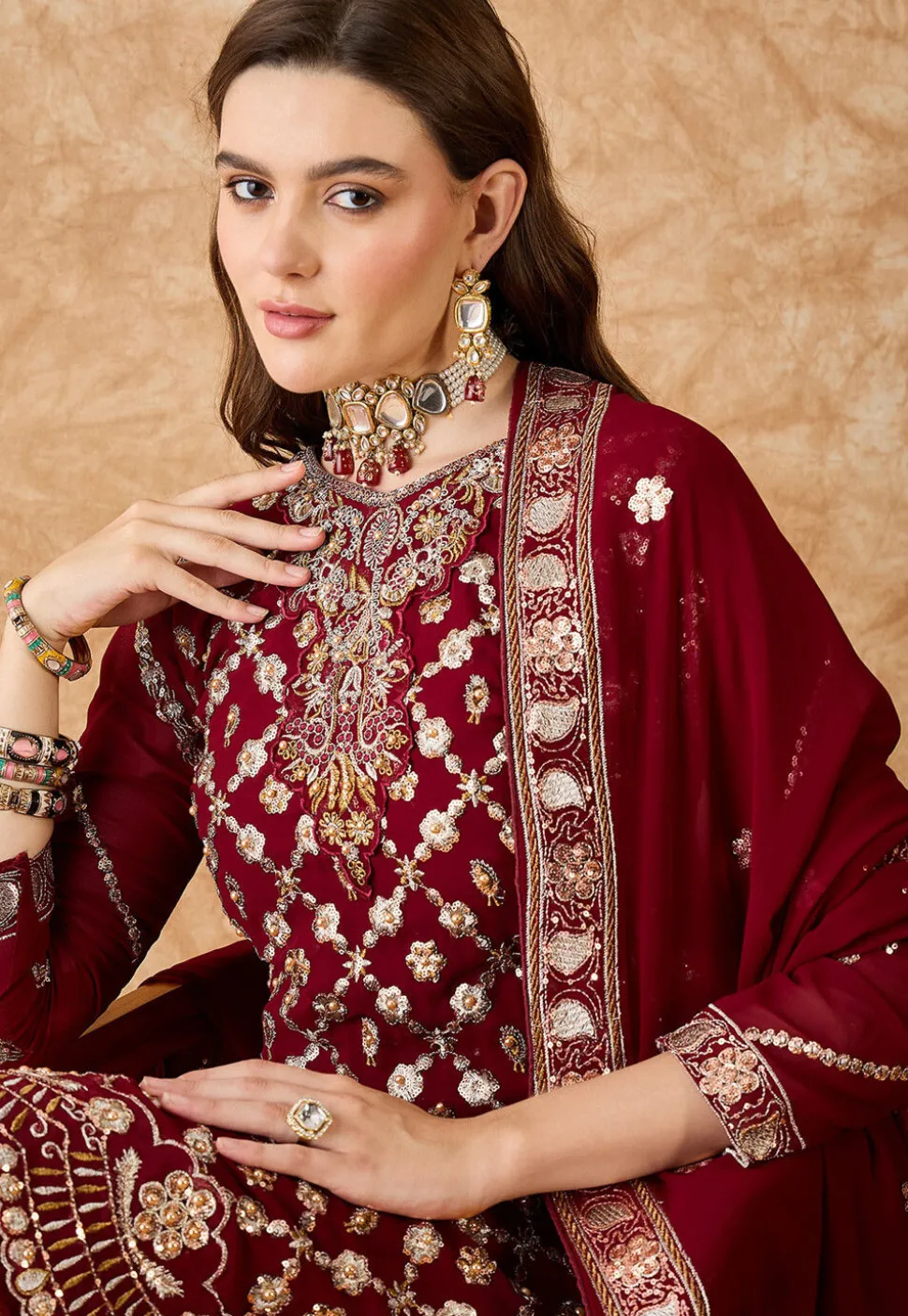 Woven Art Silk Lehenga in Maroon