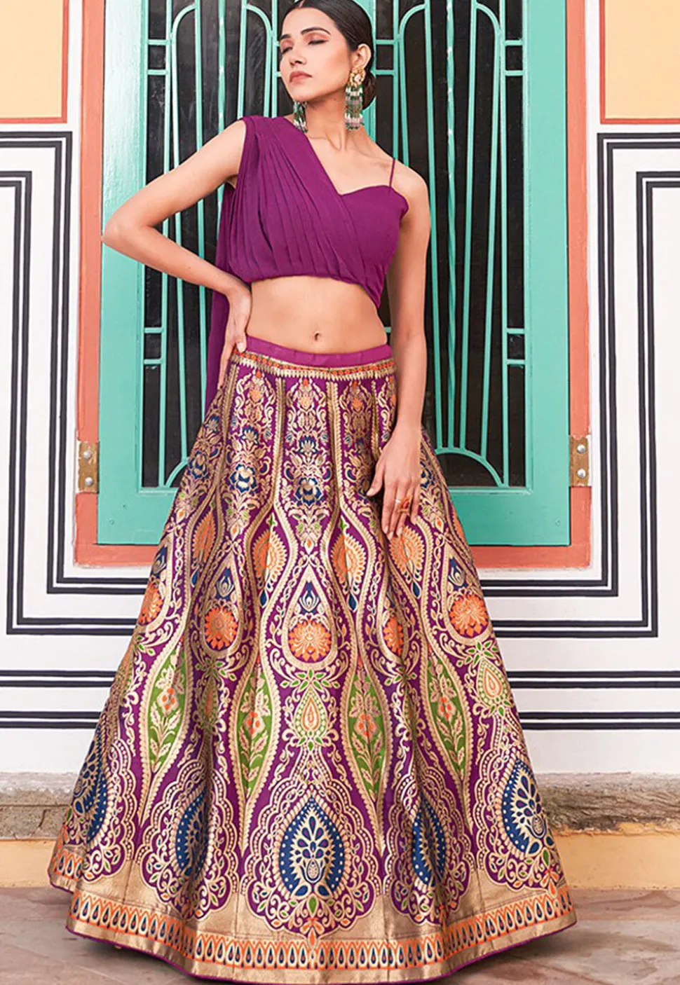 Woven Art Silk Lehenga in Multicolor
