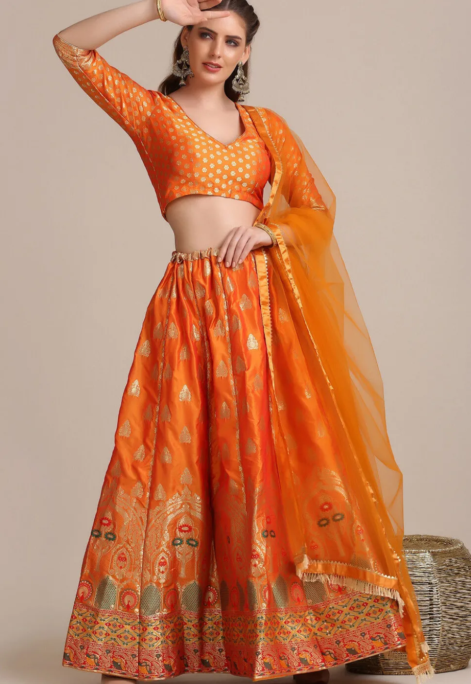 Woven Art Silk Lehenga in Orange