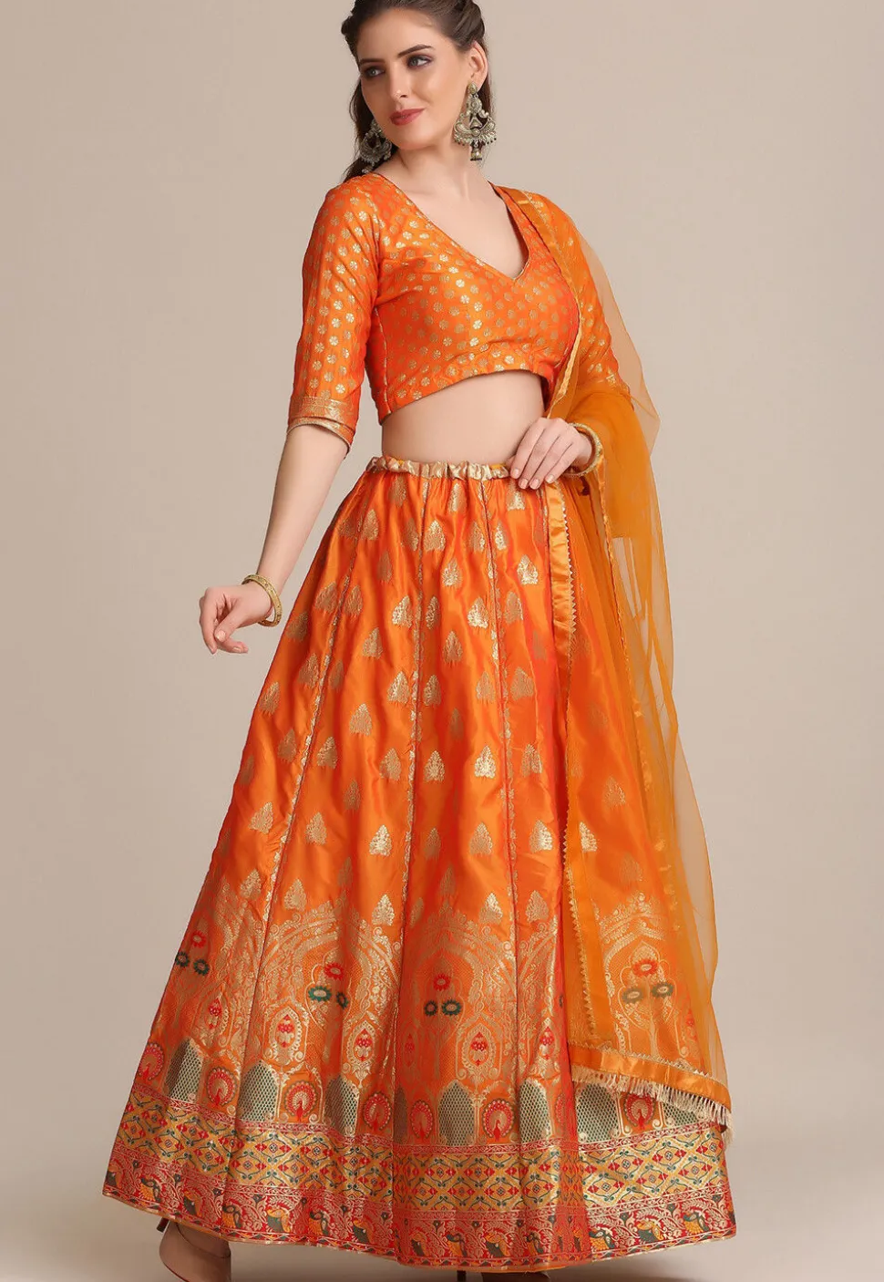 Woven Art Silk Lehenga in Orange