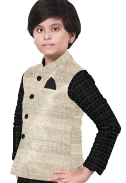 Woven Art Silk Nehru Jacket in Light Beige