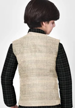 Woven Art Silk Nehru Jacket in Light Beige