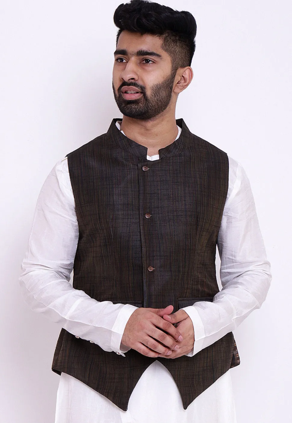 Woven Art Silk Nehru Jacket in Dark Brown