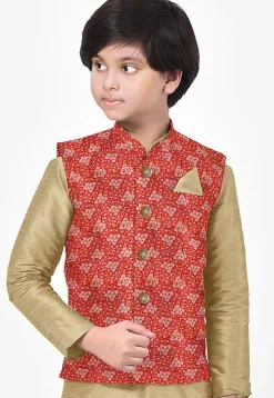 Woven Art Silk Nehru Jacket in Red