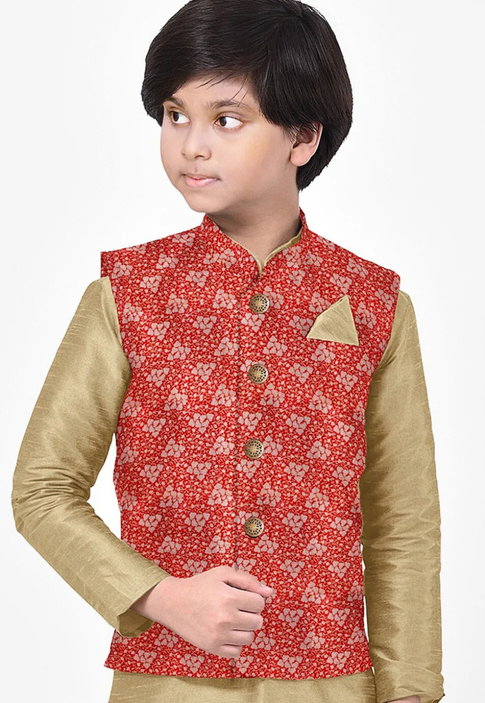 Woven Art Silk Nehru Jacket in Red