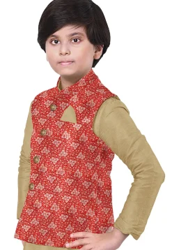 Woven Art Silk Nehru Jacket in Red