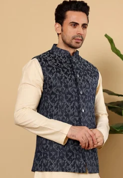 Woven Art Silk Nehru Jacket in Dark Blue