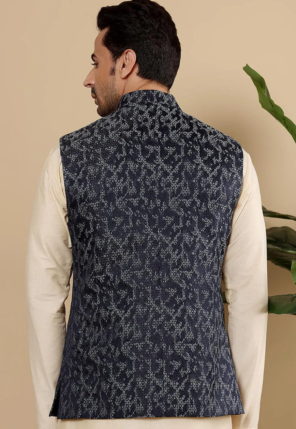Woven Art Silk Nehru Jacket in Dark Blue