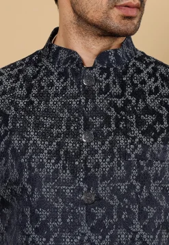 Woven Art Silk Nehru Jacket in Dark Blue