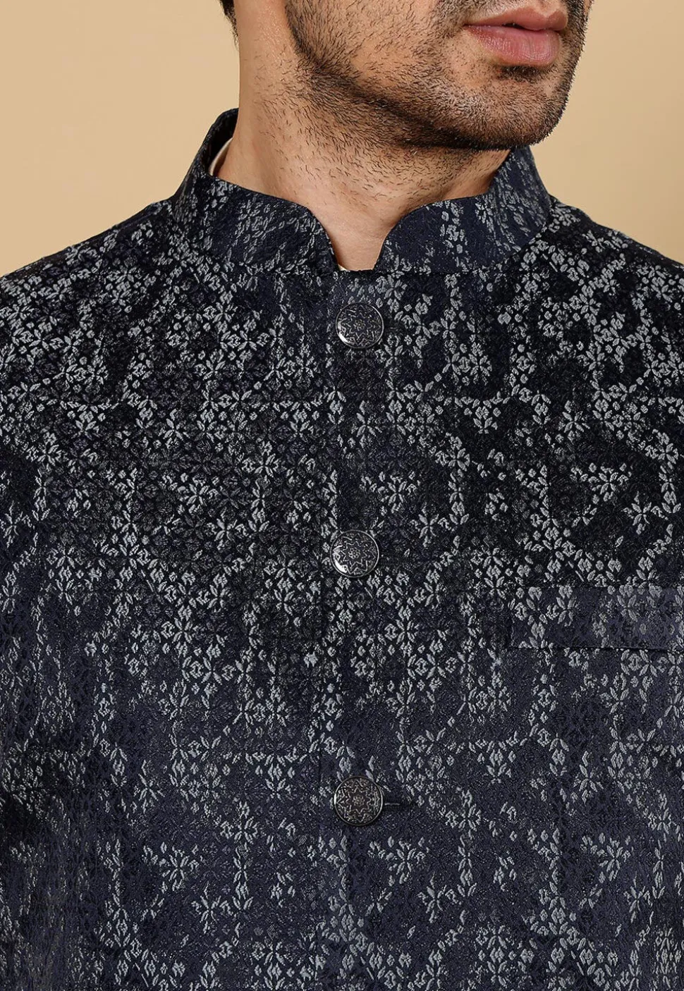 Woven Art Silk Nehru Jacket in Dark Blue
