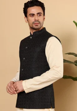 Woven Art Silk Nehru Jacket in Black