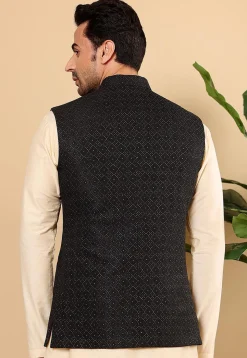 Woven Art Silk Nehru Jacket in Black