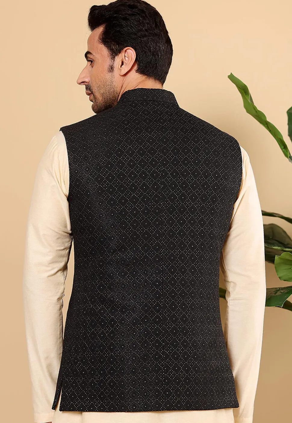 Woven Art Silk Nehru Jacket in Black