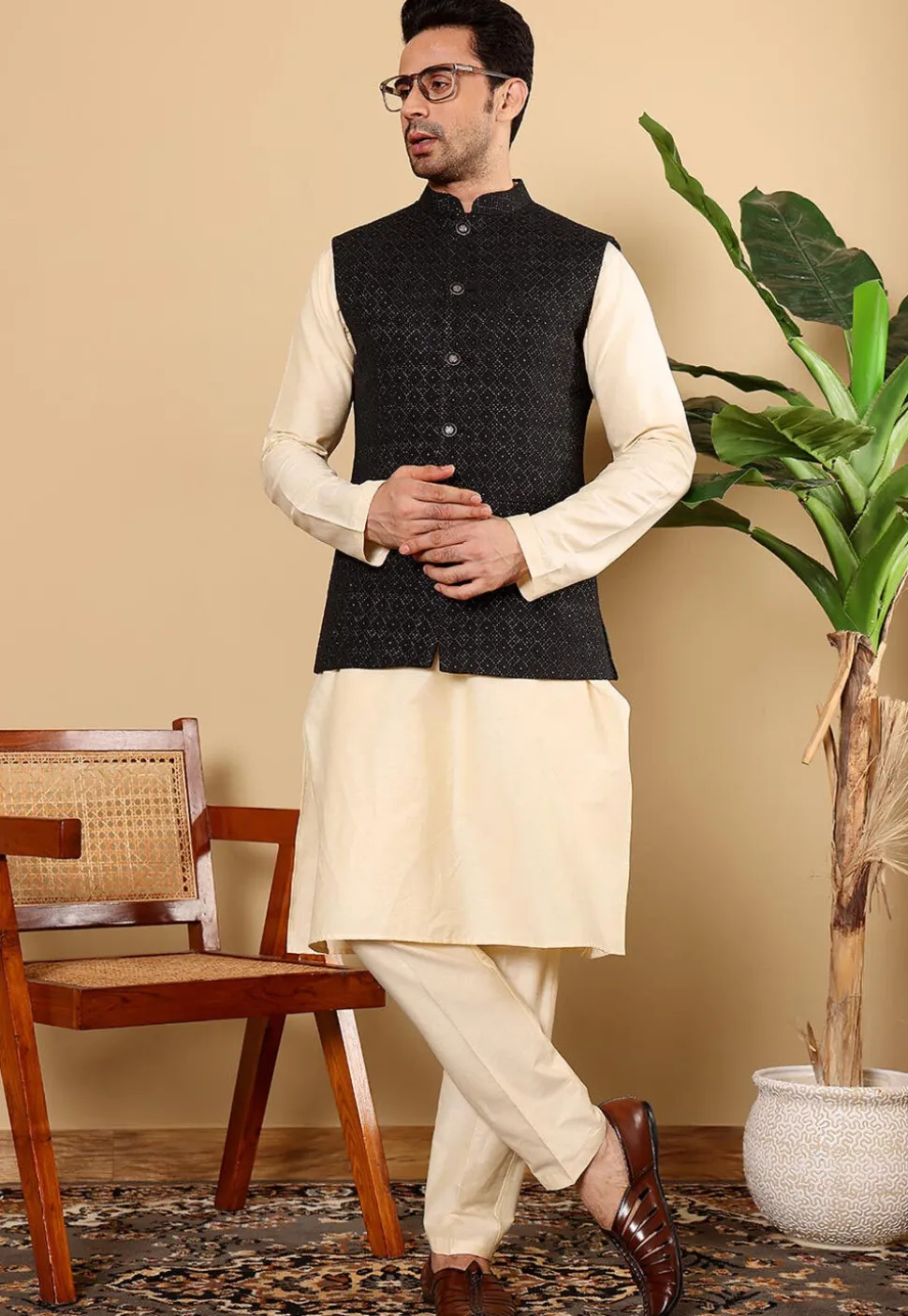Woven Art Silk Nehru Jacket in Black