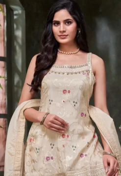 Woven Art Silk Pakistani Suit in Light Beige