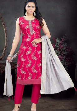 Woven Art Silk Pakistani Suit in Fuchsia