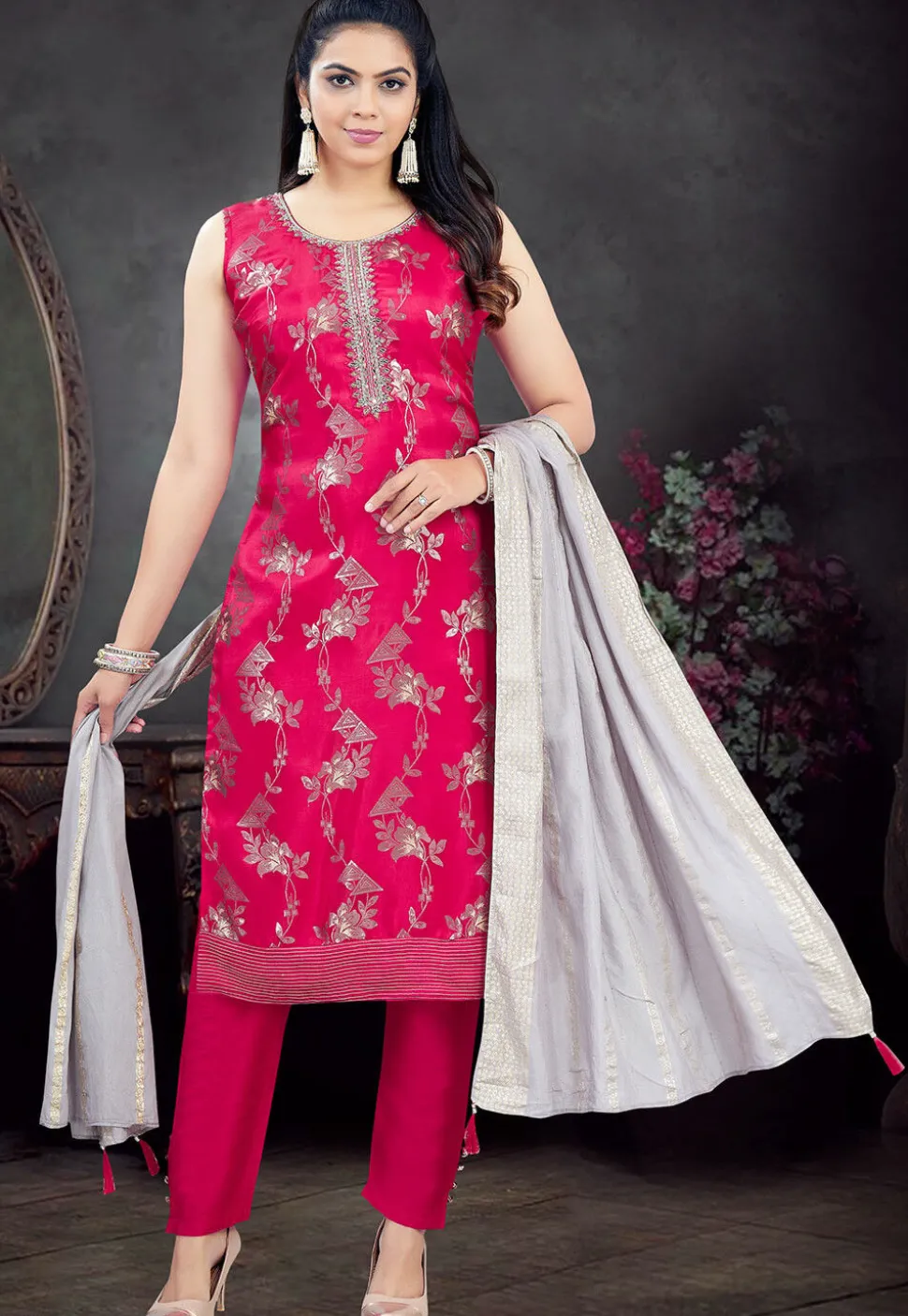 Woven Art Silk Pakistani Suit in Fuchsia