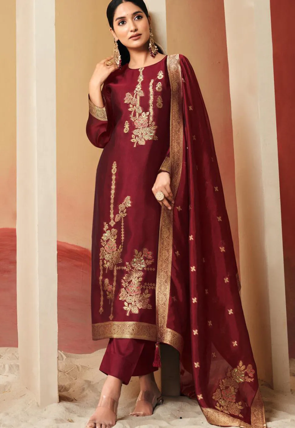 Woven Art Silk Pakistani Suit in Maroon