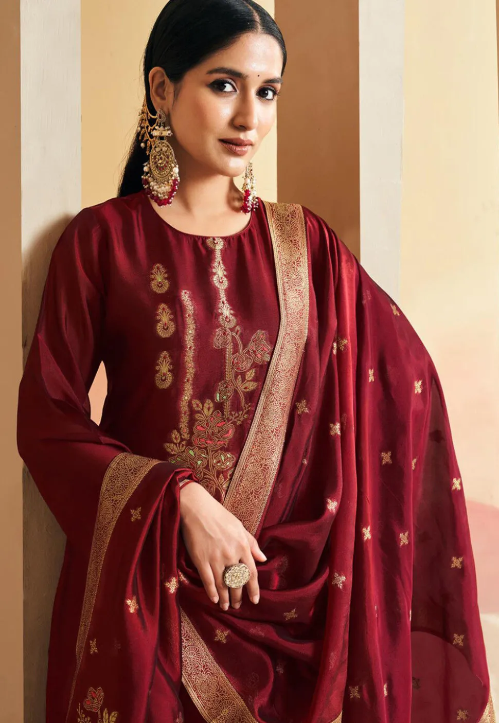Woven Art Silk Pakistani Suit in Maroon