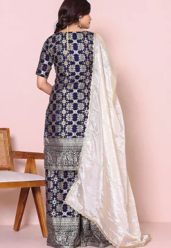 Woven Art Silk Pakistani Suit in Navy Blue