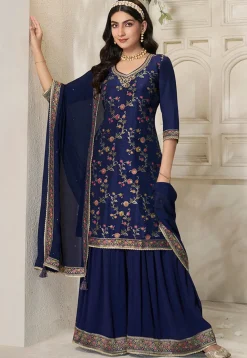 Woven Art Silk Pakistani Suit in Navy Blue