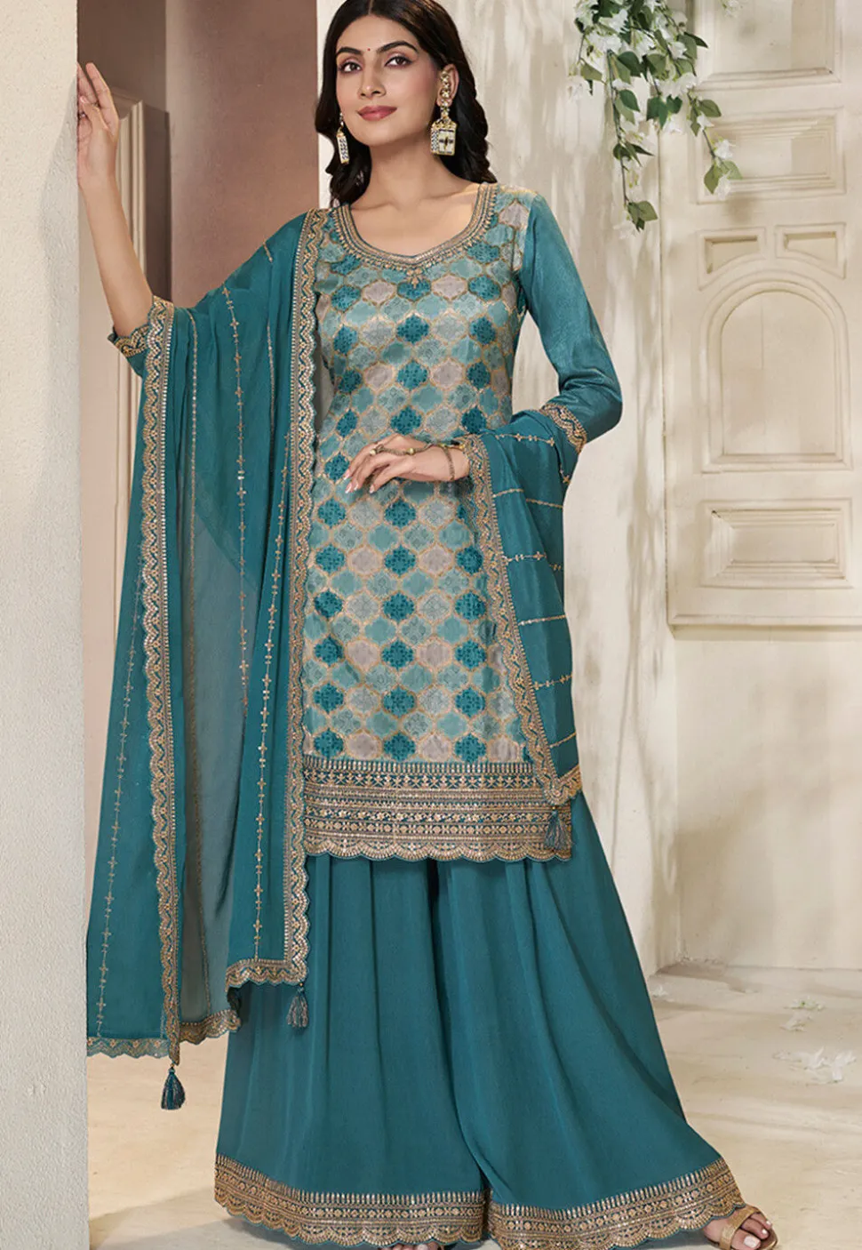 Woven Art Silk Pakistani Suit in Teal Blue