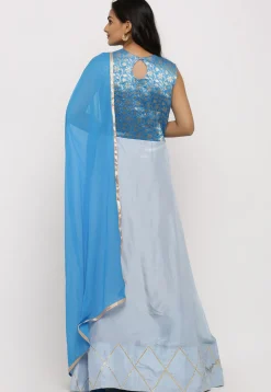 Woven Art Silk Panelled Abaya Style Suit in Blue