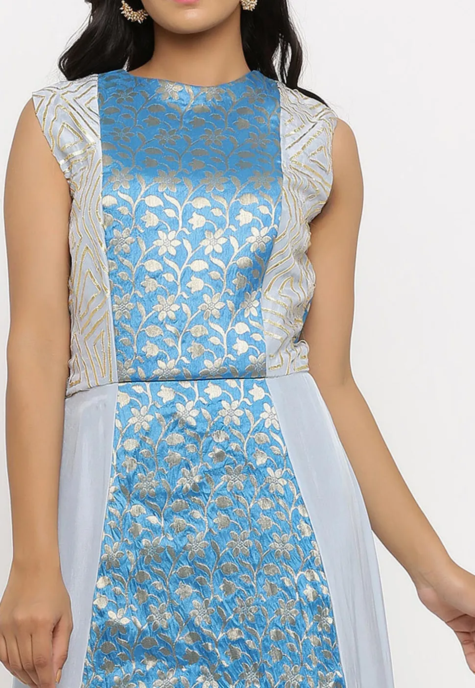 Woven Art Silk Panelled Long Kurta in Off White and Pastel Blue