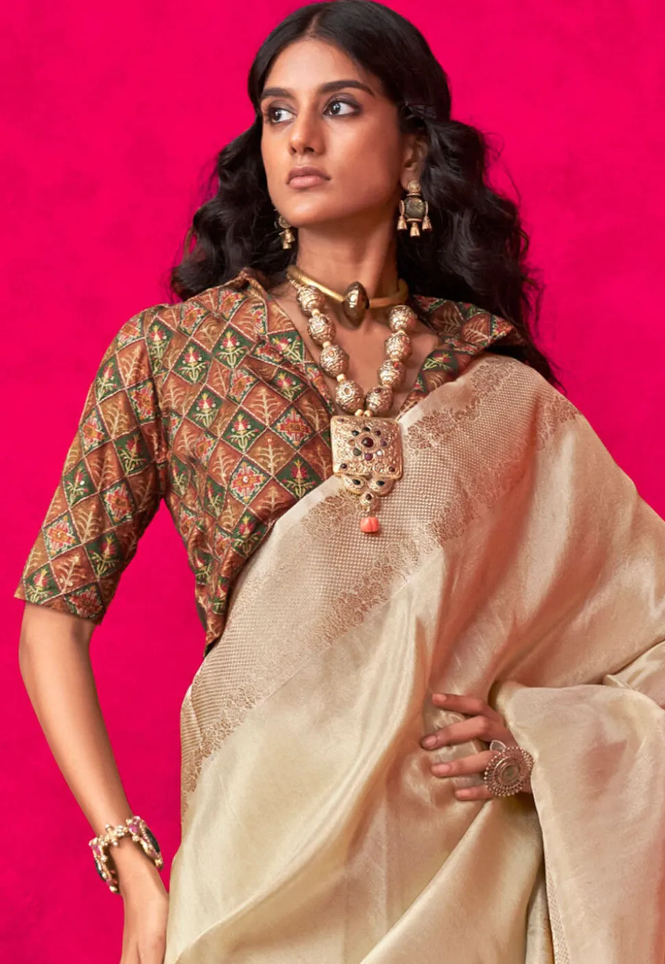 Woven Art Silk Saree in Beige