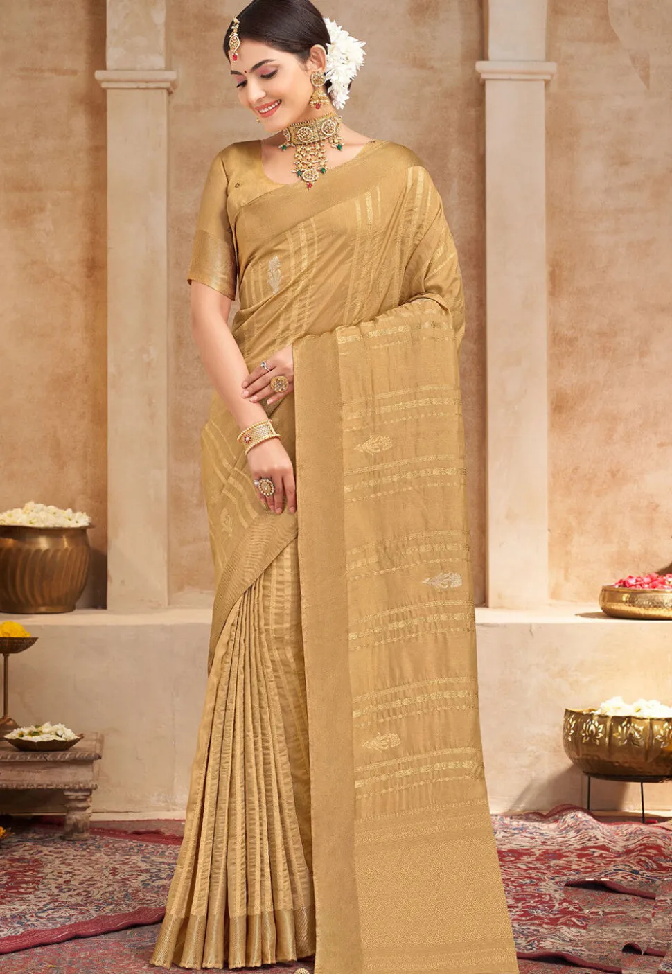 Woven Art Silk Saree in Beige