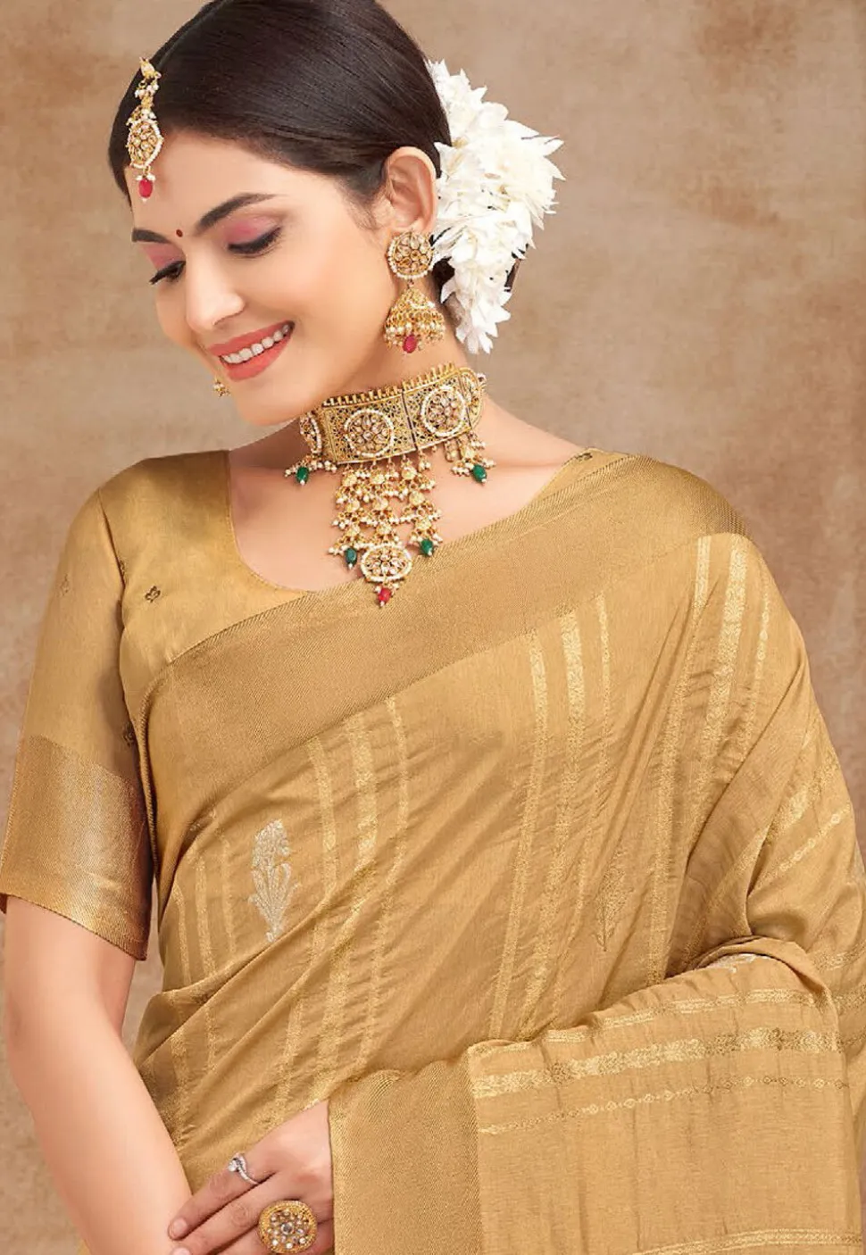 Woven Art Silk Saree in Beige