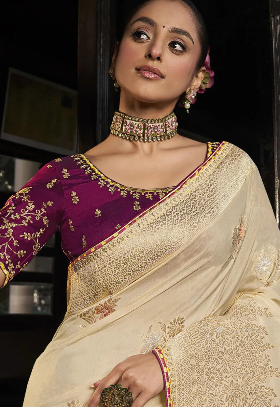 Woven Art Silk Saree in Beige