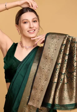 Woven Art Silk Saree in Dark Green