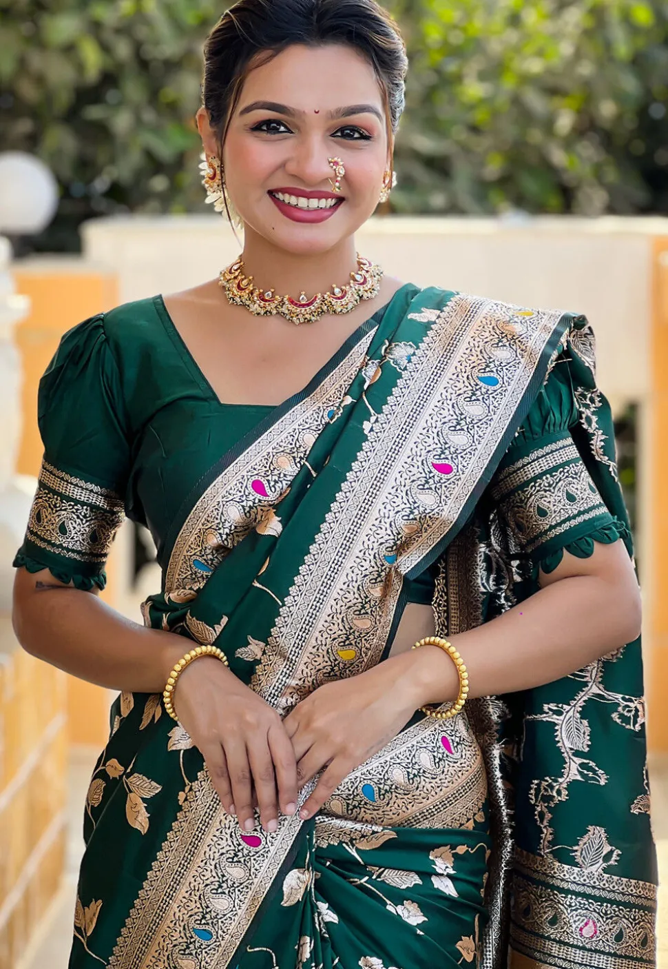 Woven Art Silk Saree in Dark Green