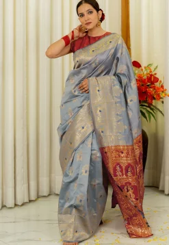 Woven Art Silk Saree in Dusty Blue