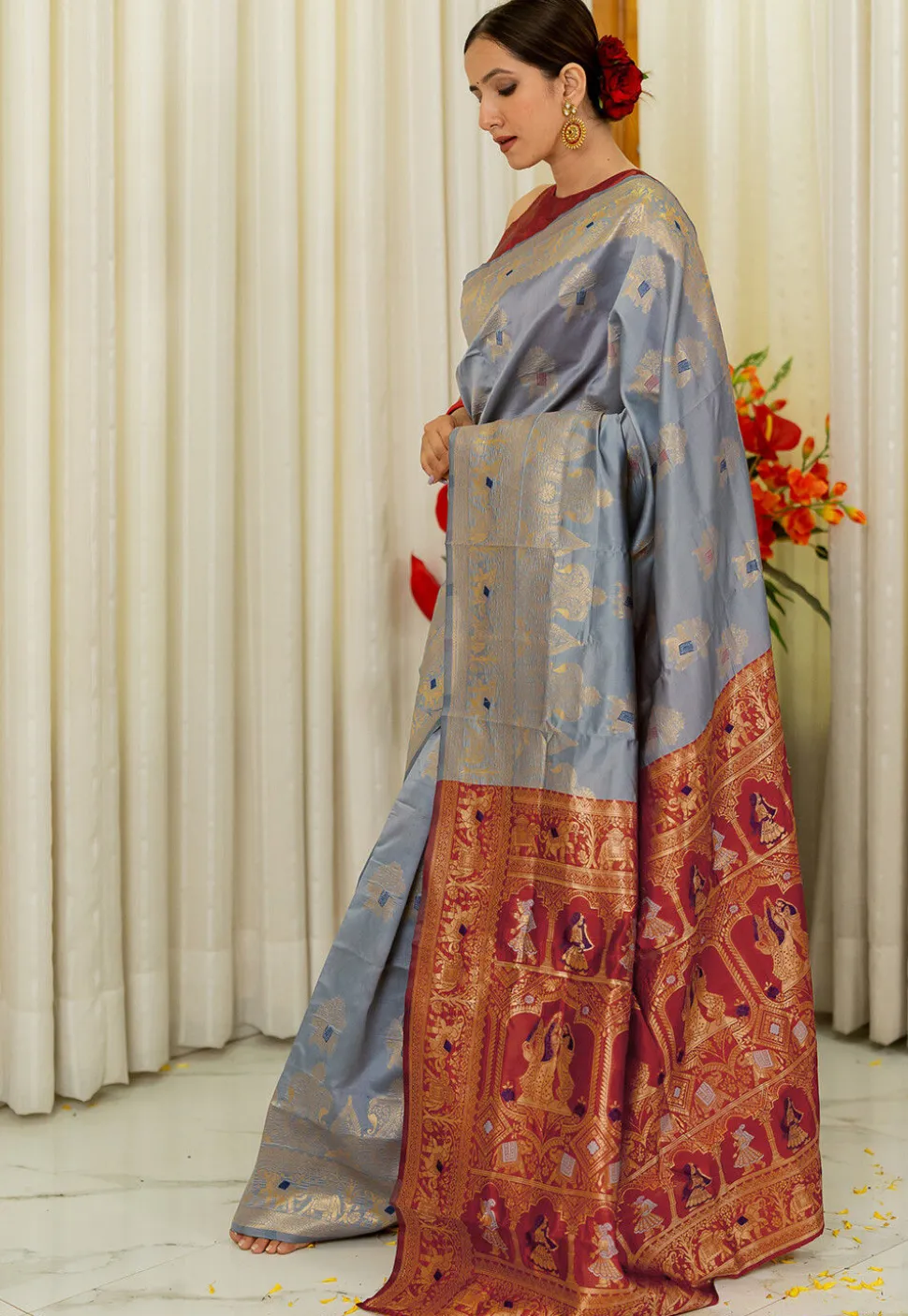 Woven Art Silk Saree in Dusty Blue