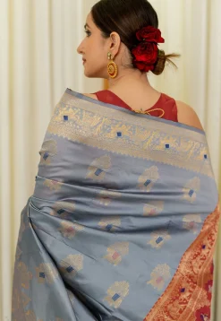 Woven Art Silk Saree in Dusty Blue