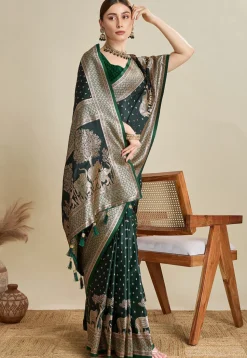 Woven Art Silk Saree in Dark Green