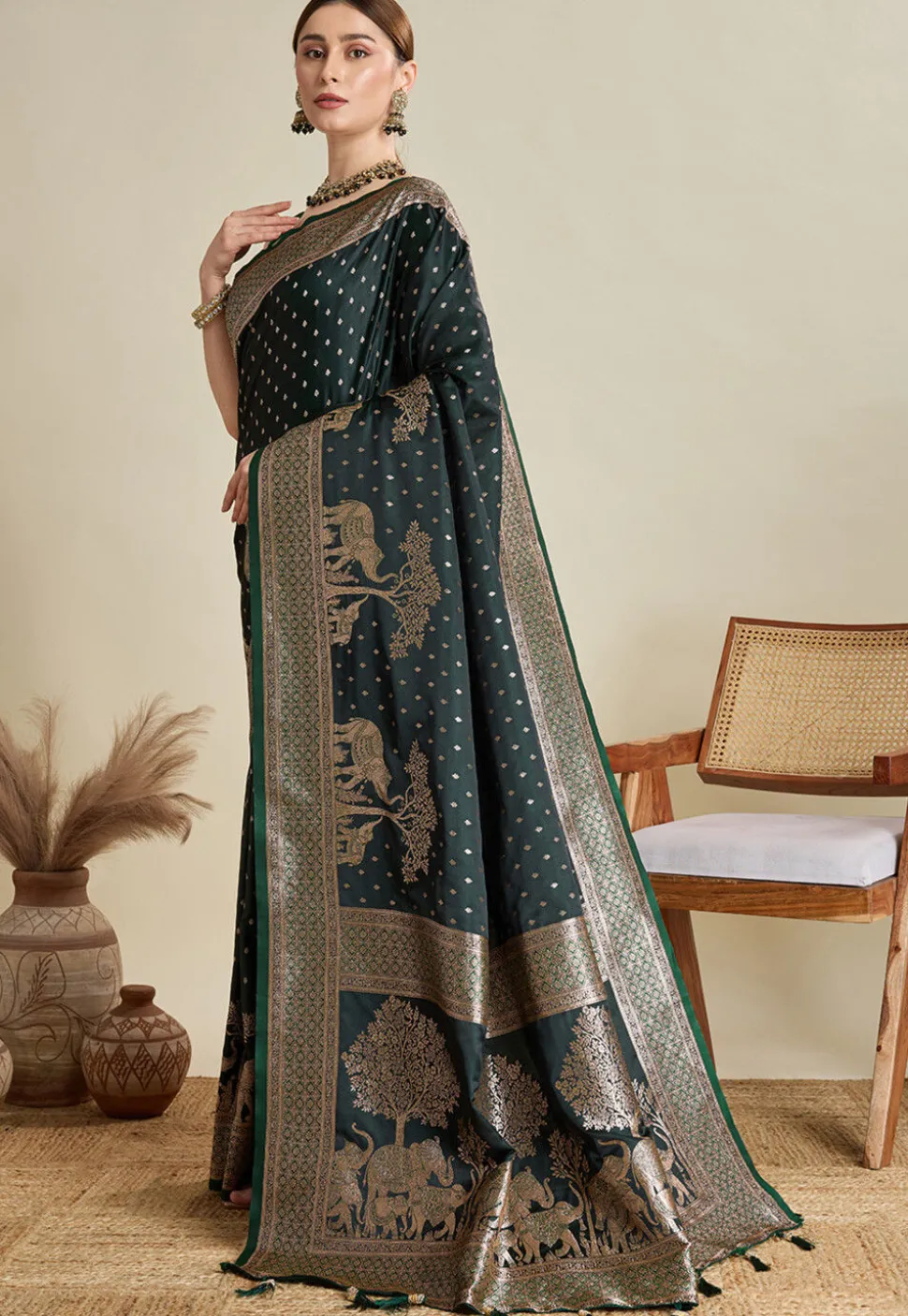 Woven Art Silk Saree in Dark Green