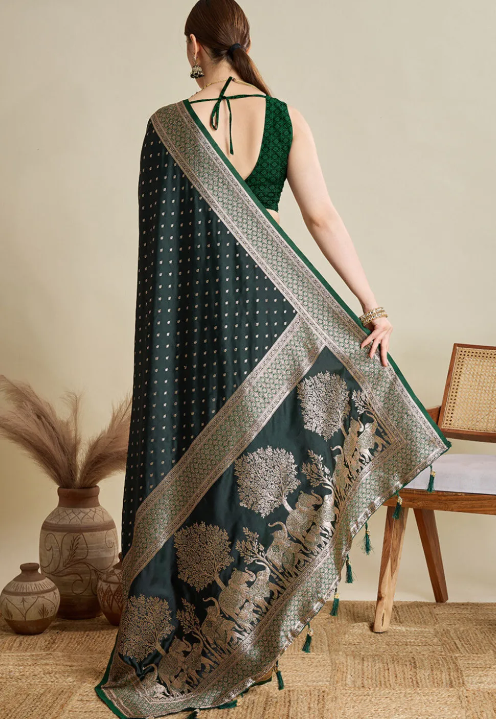 Woven Art Silk Saree in Dark Green