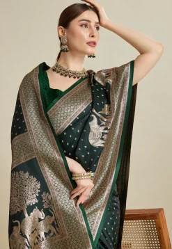 Woven Art Silk Saree in Dark Green