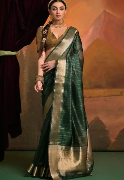 Woven Art Silk Saree in Dark Green