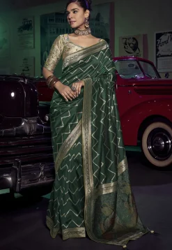Woven Art Silk Saree in Dark Green