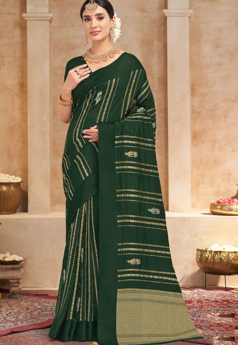 Woven Art Silk Saree in Dark Green
