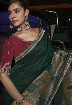 Woven Art Silk Saree in Dark Green