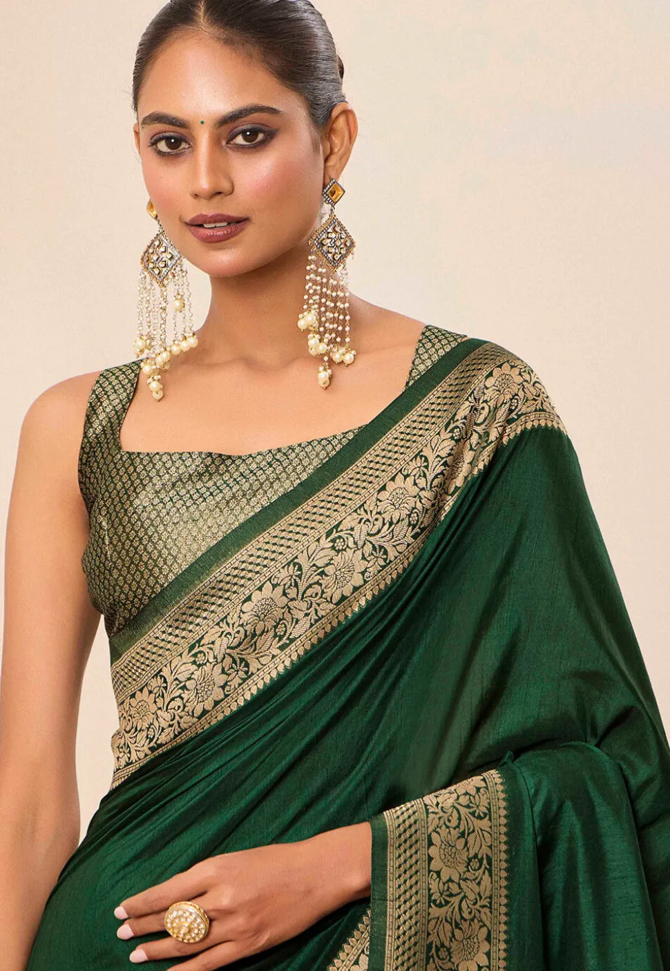 Woven Art Silk Saree in Dark Green