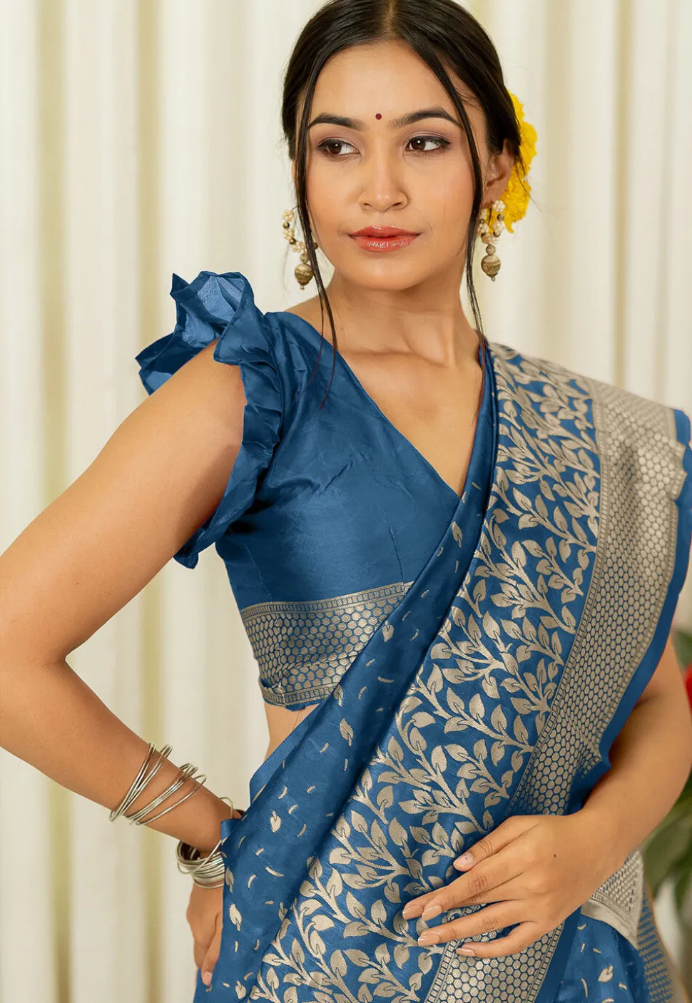 Woven Art Silk Saree in Dusty Blue