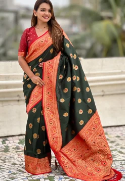 Woven Art Silk Saree in Dark Green