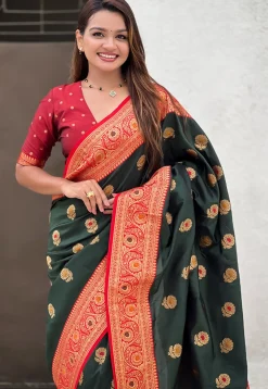 Woven Art Silk Saree in Dark Green