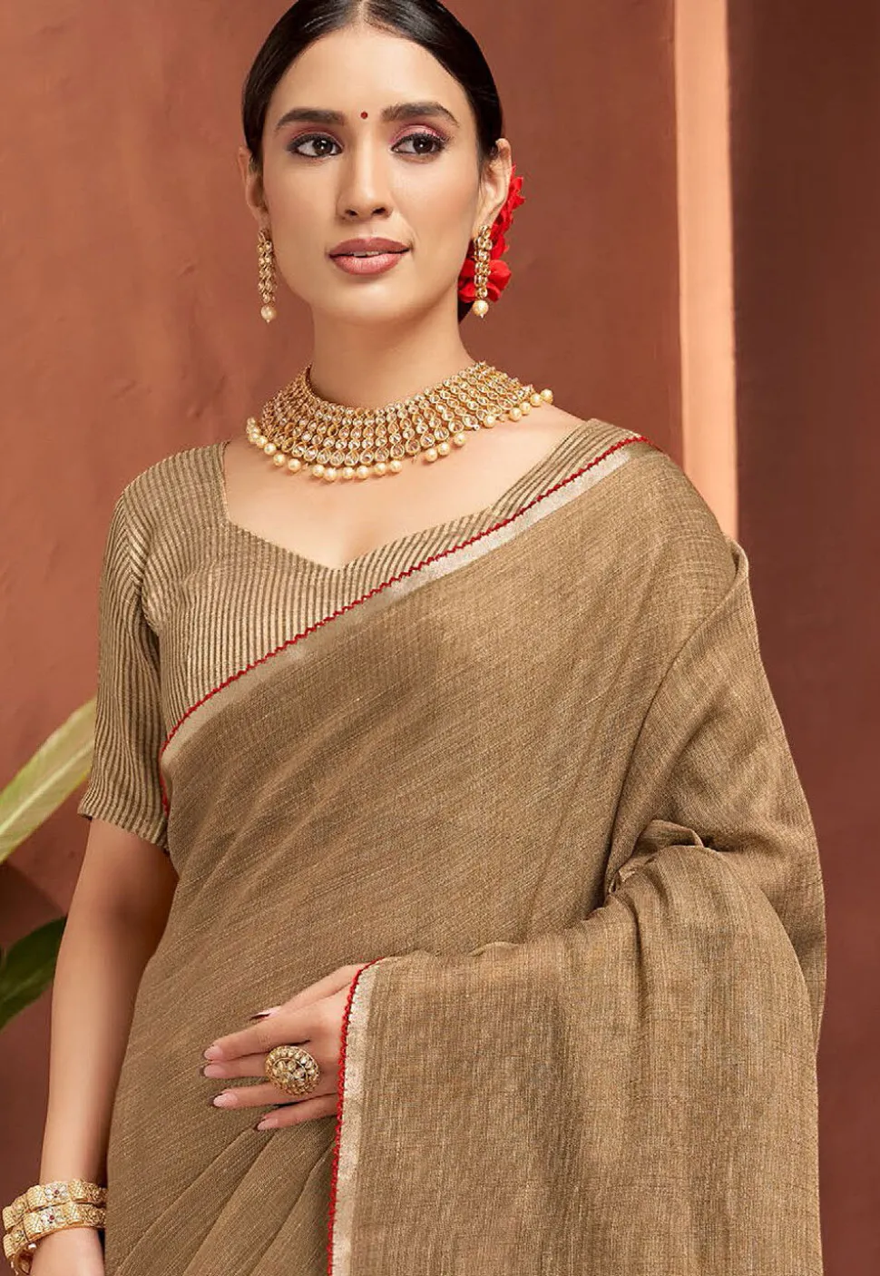 Woven Art Silk Saree in Fawn